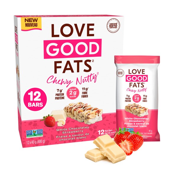 Love Good Fats Chewy Nutty White Chocolatey Strawberry Keto Bars - Low Carb Protein Snacks - 12 pack (1.59oz / 45g each bar)