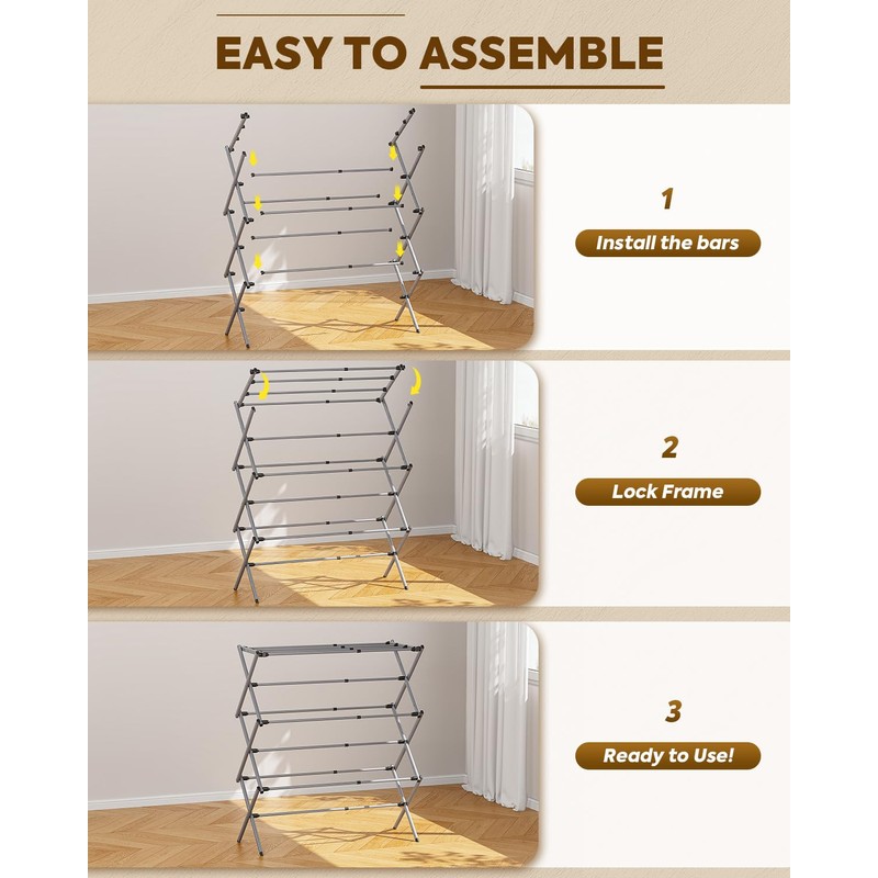 3-Tier Extendable Clothes Drying Rack, Small & Foldable, Grey
