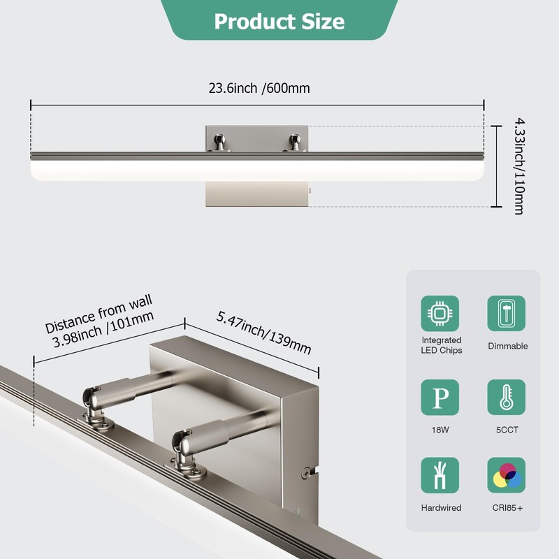 KELIDEN Brushed Nickel Vanity Light 24", 5CCT Dimmable LED Bathroom