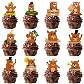 48pcs Brown Animal Groundhog Dessert Cupcake Topper Happy Groundhog Day Theme Decorations Baby Shower Boys Girls Happy Birthday Party Decor Supplies