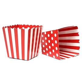 Red and White Party Favor Snack Boxes for Kids Birthday Parties, Baby Showers, Circus themed parties and school events. Set of 12 Reversible Polka Dots and Stripes Scalloped Popcorn Boxes
