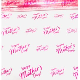 ShredAstic® 2 metres cut length Happy Mother's Day Cellophane Gift Wrap, Pink Script Design, Clear Background / 3 metres curling ribbon cut length folded