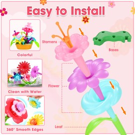Fivejoy Flower Garden Building Toys for 3 Year Old Girls Boys,134pcs Flower Building Toy - Floral Arrangement Playset With Suitcase, Flower Building Blocks Set