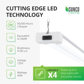 Sunco 16 Pack 40W=260W LED Shop Light for Workshop Garage 4FT, Plug in Frosted Lens Linkable Utility Industrial Fixture, 5000K Warm White, 4100 Lumens Non-Dimmable, Hanging, Pull Chain - ETL
