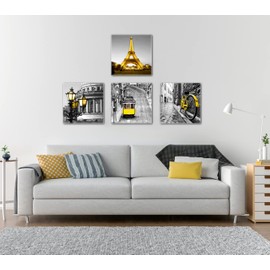 Yellow Paris Eiffel Tower Decor Black and White City Canvas Wall Art Modern Paris Pictures Artwork for Bedroom Living Room Bathroom Office Home Decor 12"X12"X4