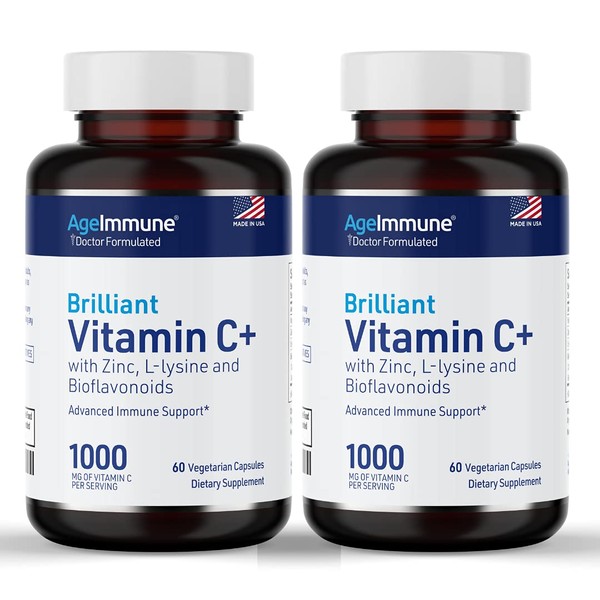 Vitamin C 1000mg Complex with L-Lysine 500mg, Zinc Gluconate 12mg, Bioflavonoids 300mg. Doctor Formulated Magnesium Stearate Free Supplements for Healthy Immune System Support. Two Bottles.(2)