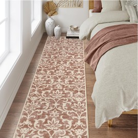 Morebes Vintage 2x8 Kitchen Runner Rugs Non Skid Washable, Floral Runner Rugs for Hallways Non-Slip, Soft Distressed Bath Mat Indoor Floor Carpet Runner for Entryway Laundry Foyer,Pinkish-Rust