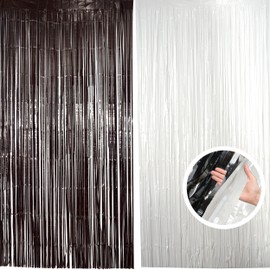 Hampton Distribution 2 Pack Black & White Streamers Party Backdrop, 39"W x 78"L Modern Foil Fringe Curtains, Black & White, Holiday Theme