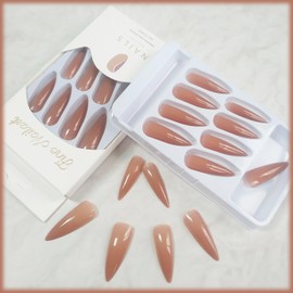 Coquette 24 Pcs Long Fake Nails - Stiletto Manicure Art with Glossy Brown Solid Color Design, Press On Nails with Gel Glue for Women & Girls