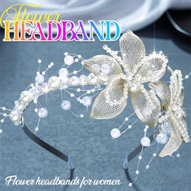 BARTOSI Flower Bride Wedding Headband Pearl Bridal Headpiece Prom Hair Band Hair Accessories for Women (Silver)
