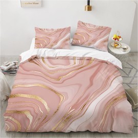 Gezu 3D Marble Bed Linen, Pink, 135 x 200 cm, Set of 2, Aesthetic Gold Marble Bed Linen Set, Microfibre Luxury Modern Duvet Cover Set with Metallic Glitter Pattern, Reversible Bed Linen with Zip and 1