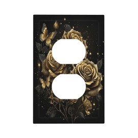 Black And Gold Rose Butterfly 1 Gang Duplex Outlet Covers Electric Socket Switch Plate Decorative Light Switch Cover for Bedroom Bathroom Decor 5 X 3 IN