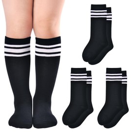 3 Pairs Toddler Knee High Socks Kids Soccer Socks Girls Three Stripes Tube Socks Over the Calf School Uniform Stockings Athletic Boys Children (Black,5-7 Years)