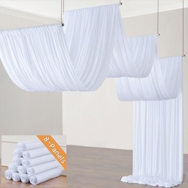 40ft×20ft White Ceiling Drapes for Weddings Parties,8 Panels 5×20ft Long Ceiling Curtain for Tent Canopy,Wrinkle Free Silk Easy to Draping&Hang White Drapes for Event Church Stage Photo Bedroom