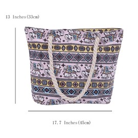 FAVORTALK Beach Bag Canvas Tote Bag Shoulder Bag Sports Leisure Beach Women's Canvas Large Capacity Handbag(Pink Background Elephant Print),B26317