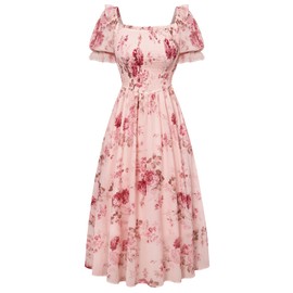 Scarlet Darkness Women Victorian Dress Summer Short Sleeve Flowy Boho Floral Dress Smocked Dress Pink M