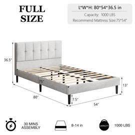viplov Full Size Bed Frame, Platform Beds with Upholstered Headboard, Mattress Foundation with Wooden Slats Support, Easy Assembly, Noise Free, No Box Spring Needed, Light Grey