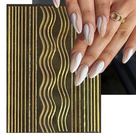 IDDFEVE 12 Sheets Gold Line Nail Art Stickers - Minimalism Waves Self-Adhesive 3D Nail Decals for DIY Golden French Smile Manicure