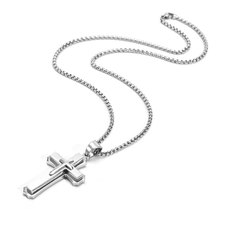 Rockyu Men's Necklace, Silver, Venetian Chain, Stylish, Cross Pendant, Birthday,