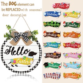 Glenmal 16 Pcs Seasonal Interchangeable Dachshund Door Welcome Sign Cute Wooden Dog Welcome Sign for Front Door Rustic Replaceable Home Porch Sign for Fall Autumn Christmas(White with Plaid Frame)