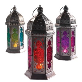Moroccan Style Glass Lantern, Large Tonal Design, Handmade Metal and Glass, 30 cm Height, Fair Trade (1 lamp) (Green)