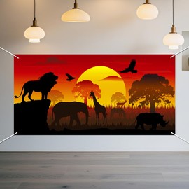 WADORN African Safari Photo Banner for Party Decor, 5.9x2.9ft African Wildlife Forest Photo Door Backdrop Props Decor Large Fabric Tropical Jungle Photography Background Birthday Party Supplies