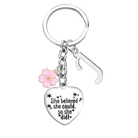 Inspirational Gift Initial Keychain For Women Friends Keyrings With Pink Flower 26 Letter Alphabet Keychain For Her Graduation Christmas Birthday Gifts for Daughter Sister (J)