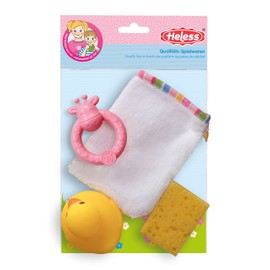 Heless 275 - Puppenbade-Set 4 teilig, Waschhandschuh, Schwamm, Badeente und Rassel, für ausgelassenen Waschspaß