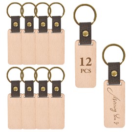 Wooden Keyring, Pack of 12 Key Fob Blanks with Leather Strap, Blank Wooden Key Ring with Leather Strap, Engraving Blanks Tags, for DIY Keyrings, Painting Gifts (Round)