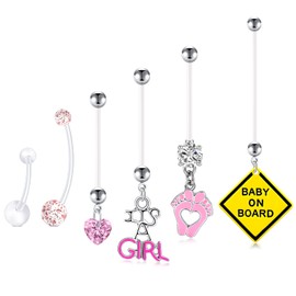 Funseedrr 6pcs Pregnancy Belly Bars Maternity Belly Button Bars Flexible Bioplast 14G 14/18/25/32/35/38mm Barbells Dangly Belly Button Piercing