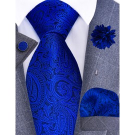 Gusleson Mens Royal Blue Tie Paisley Wedding Necktie Pocket Square Cufflinks and Lapel Pin Brooch Set (UK6103-03)