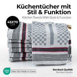 Sterzbachs 100% Cotton Kitchen Towels, 45 x 70 cm, Set of 10, 220 GSM, High-Quality Tea Towels, Dish Towels, Dishcloths, Super Absorbent and Sustainable Checked - Pro Grey
