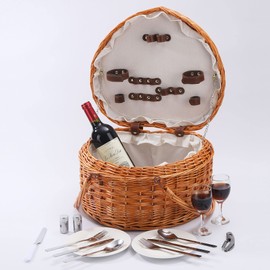 Picnic Basket for 2 Picniking Heart Shaped Empty Woven Wicker Willow Wood Hamper Backpack Box with Lid Cover Handle for Gifts Accessories Vintage Wine Baskets for Women Bin
