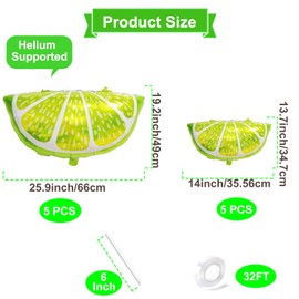 10 Pieces 2 Sizes Lime Slice Balloons Set - 5 Large 27 Inches and 5 Medium 18 Inches Green Citrus Lemon Fruit Shaped Mylar Balloons for Tropical Fruit Parties, Birthdays, and Summer Themed Events