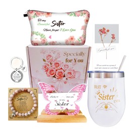 WOSHIDEFA Gifts for Sister - Birthday Gifts for Sister Christmas, Mothers Day Gift - Best Sisters Gift with Tumbler, Makeup Bag, Butterfly Decor Pink