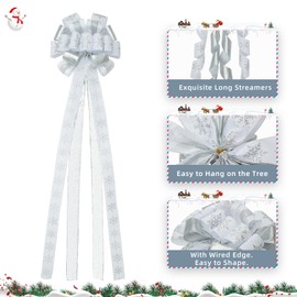 Christmas Tree Topper Glitter Silver Christmas Wreath Bow 53 Inches Large Christmas Toppers Bow with Snowflake Patterned Tree Topper Decoration Bow Christmas Home Indoor Outdoor Decoration