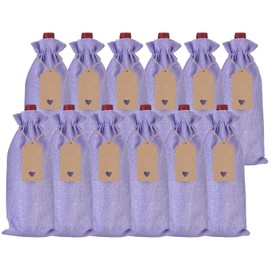 sourcing map 12pcs Burlap Wine Bags, Reusable Wine Gift Pouches with Drawstrings Tags and Ropes for Weddings, Birthdays, Christmas, Parties, Home Storage (Light Purple)