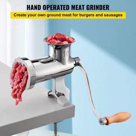 Happybuy Manual Meat Grinder, 304 Stainless Steel Handheld Mincer with Steel Table Clamp, Includes 1 Blade, 2 Plates & Sausage Tube for Beef, Pork, Mushrooms