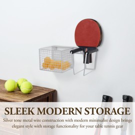 MyGift 12 Inch Wall Mounted White Metal Table Tennis Pickleball Paddle Rack and Ball Storage, Hanging Equipment Organizer with Racket Holder and Basket for Ping Pong Balls