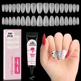 EBANKU Build on Apex Natural Nail Tips, 16 Sizes 480 PCS Middle Almond Clear Acrylic Full Cover Press on Nail Tips with Builder Glue, Pre-applied Tip Primer & Base Coat