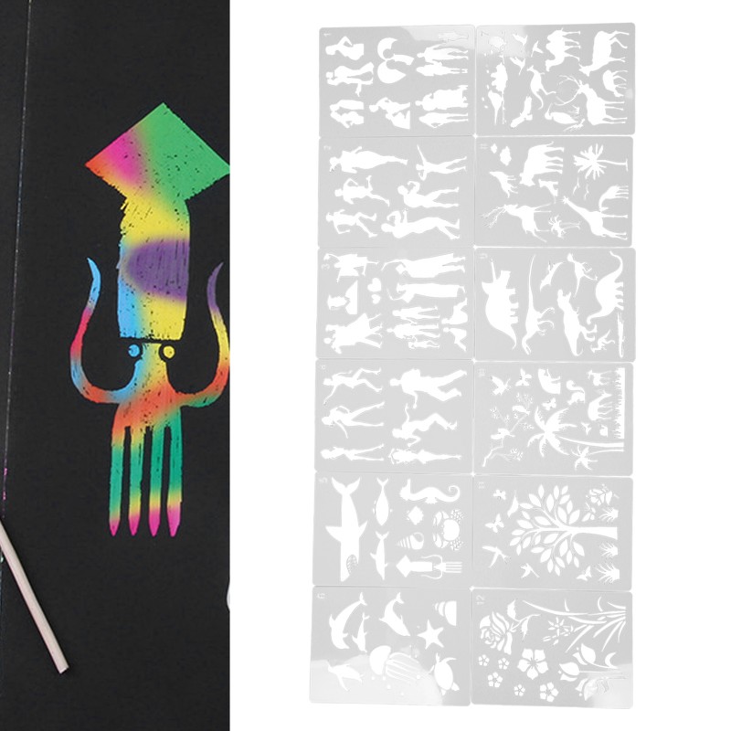 12Pcs Paint Stencils A4 Characters Animals Plants Safe Poisonless Durable