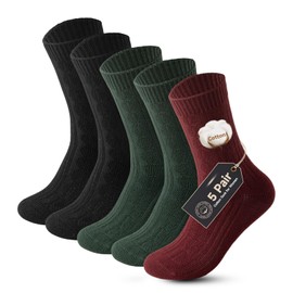 Vihir Thick Warm Socks Women's 36-40, 5 Pairs Winter Thermal Socks Knitted Hiking Socks Breathable, Comfort Long Women Socks Cotton, Thermal Socks Women Without Waistband, Black, green, red mix