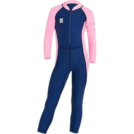 Girls Color Block One Piece Swimsuit Kids Long Sleeve Rash Guard Sunsuit Zipper Swimwear Diving Wetsuit Mock Neck Full Jumpsuit Surfing Beachwear Bathing Suit with UPF 50+ Sun Protection Navy Blue 6-7