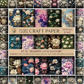 FLONZ Scrapbook Paper (30 pages 12"x12") Enchanted Lotus Blossoms: Mesmerizing lotus patterns in soft pastels and rich jewel tones with intricate detailing ~ Vintage Styled Double Sided Paper Pad