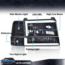 PIT66 Fit For 1992-1996 Ford F150 F250 F350 LED DRL Headlights Smoked Lens Headlamps