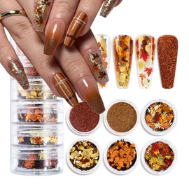 Tyuimhx Gold Orange Fall Nail Art Glitter Sequins 3D Holographic Autumn Leaves Nail Flakes Thanksgiving Fall Maple Leaf Nail Glitter for Acrylic Nails Women DIY Manicure Decorations Crafts 6 Jars