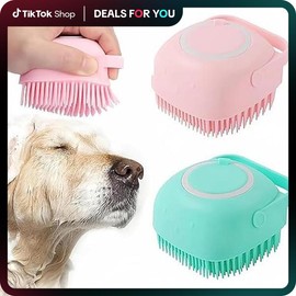 Silicone Pet Bath Brush & Shampoo Dispenser – Gentle Massage Grooming Tool for Dogs & Cats, Ergonomic Waterproof Brush with Detachable Head (Ideal for Bath/Spa):_Pink + green