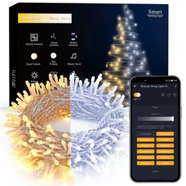 Brizled Smart Christmas Lights, 66FT 200 LED Warm White & Cool White Color Changing String Lights APP Control Fairy Lights, Dimmable Music Sync Xmas Tree Lights for Indoor Outdoor Wedding, Party Decor