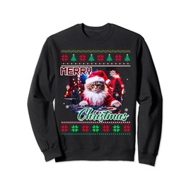 Ugly Christmas Sweater Cat DJ Funny Christmas Jumper Sweatshirt, black
