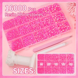16000 Pcs Resin Rhinestones for Crafting, Flatback Hot Pink Gems Jelly Rhinestones, Mixed Sizes Pink Bedazzling Crystal with Pickup Tool for DIY Crafts Clothing Tumblers Mugs Shoes Fabric Nail Art